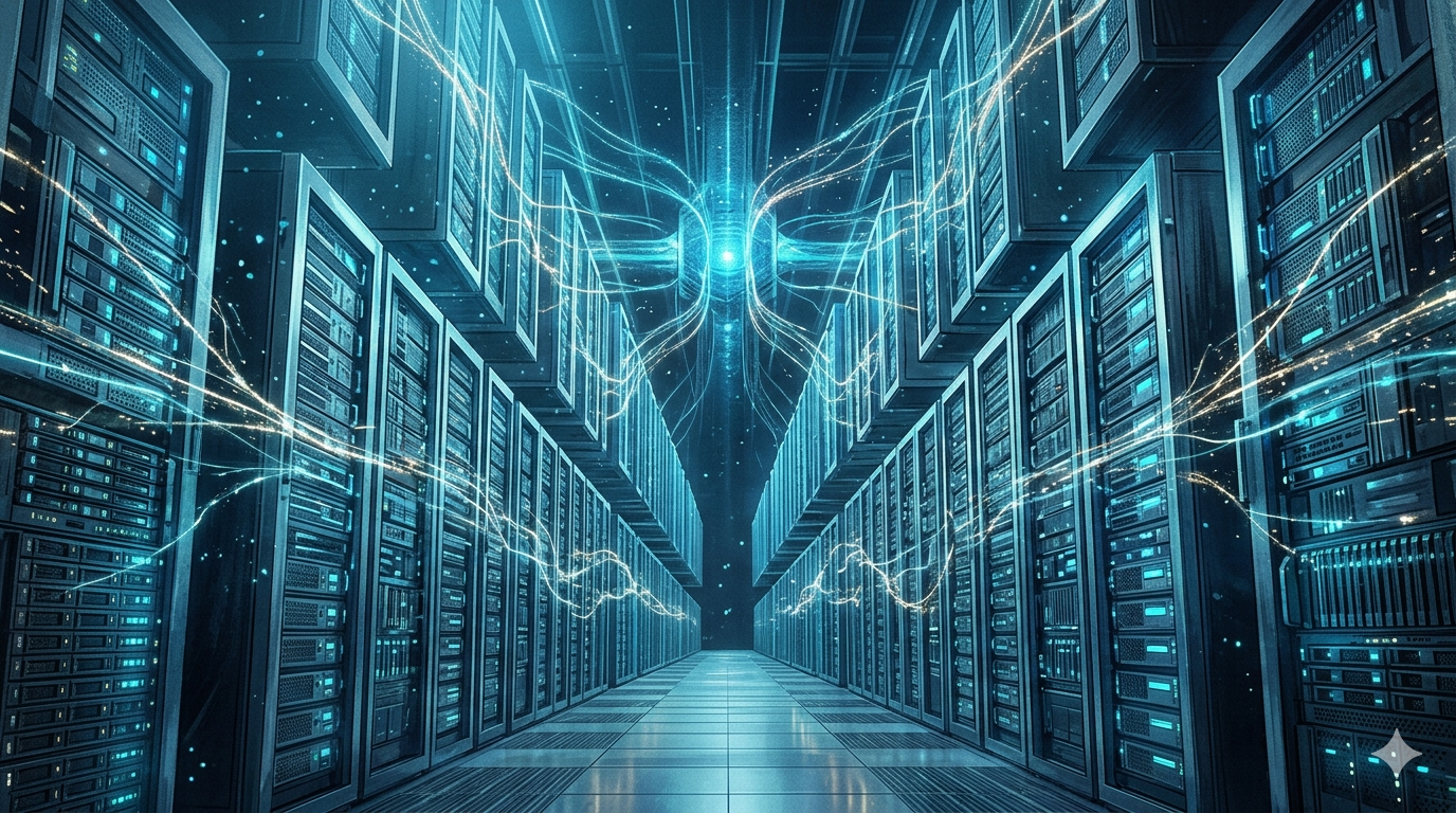 Devasa hyperscale yapay zekâ veri merkezi koridoru ve enerji akış hatları